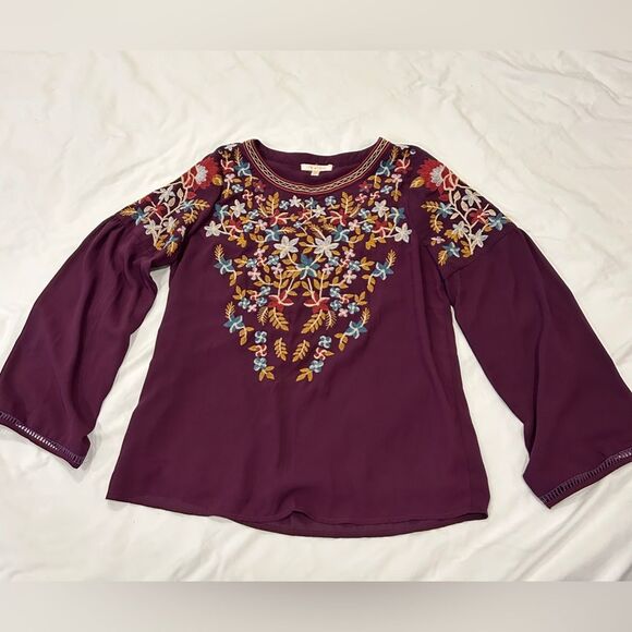 Skies are Blue Women's Purple Crewneck Bell Sleeves Floral Embroidered Top S - Picture 1 of 12